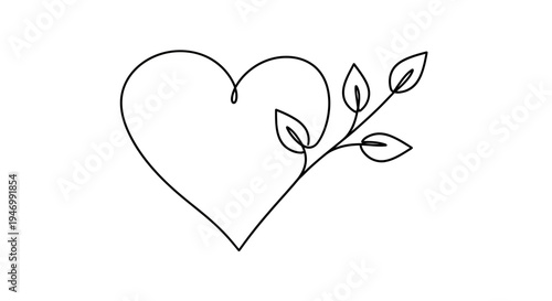 Simple line drawing of a heart with leaves on a