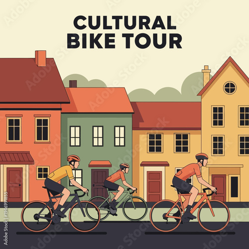 Invigorating Cultural Bike Tour Illustration Featuring Cyclists and Charming Buildings