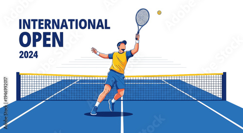 International Open Tennis Tournament Illustration Featuring Player Hitting Ball On Court In 2024
