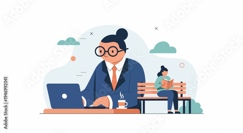 Business professional works on laptop while person reads book on park bench