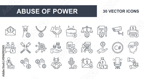 Collection of 30 vector icons related to abuse of power