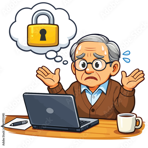Stressed elderly man with laptop; security issue, data protection concern