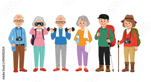 Senior people hiking and birdwatching together outdoors