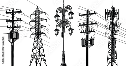Utility pole illustration, transmission tower drawing, decorative street lamp vector,