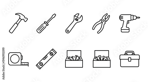 A clean collection of vector outline icons featuring various essential construction hand tools, hardware, and a toolbox, presented in a minimalist black and white style ideal for web design.