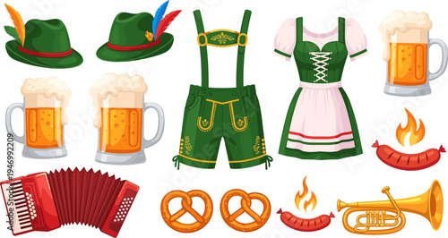 Oktoberfest Festival Vector Set with Beer Mug Lederhosen Dirndl Hat Pretzel Sausage Accordion and Traditional Bavarian Celebration Elements Illustration