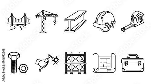 A cohesive collection of outline icons representing various essential elements and tools of the building and construction industry, ideal for web design, presentations, and educational materials.