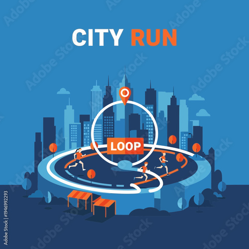 Isometric City Run Illustration Depicting Marathon Loop and Urban Environment Dynamics