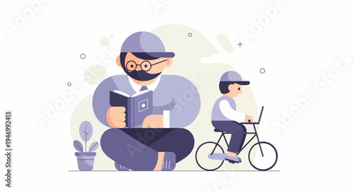 Adult reads book while child cycles with laptop