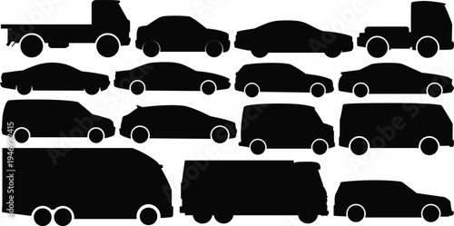Vehicle silhouette icon set, car and truck graphics, SUV and bus symbols, transport design figures, black vector, white background