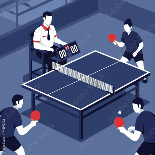 Isometric Ping Pong Tournament Depicting Sportsmanship, Competition, And Referee Oversight