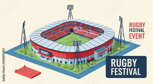 Isometric Rugby Stadium With Lights And Crowd Illustration Depicting Festival Event Scene