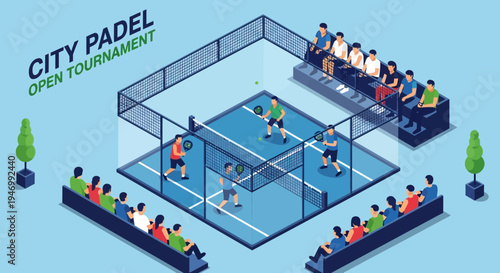 Isometric View Depicting City Padel Open Tournament, Athletes, and Spectators Watching