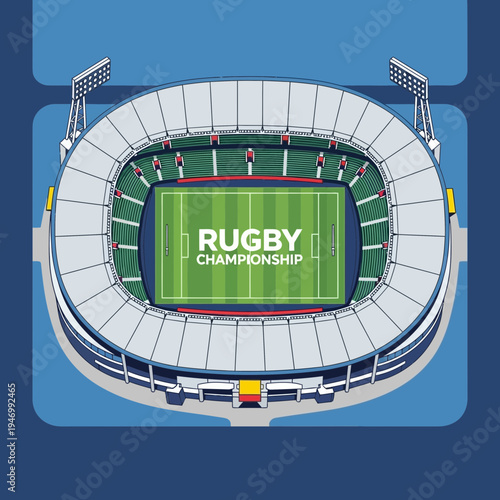 Isometric View Of A Vivid Stadium Hosting A Rugby Championship Tournament With Lights