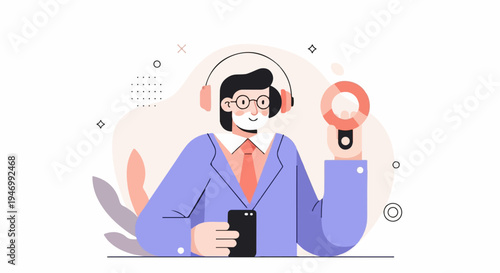 Animated man in suit with headphones, holding phone and magnifier