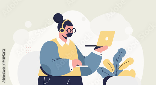 Person with headphones and laptop in a stylized setting