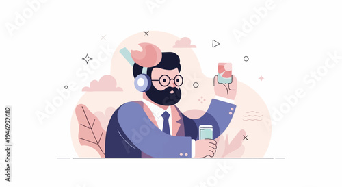 Bearded man in suit with headphones holding a phone and a glass