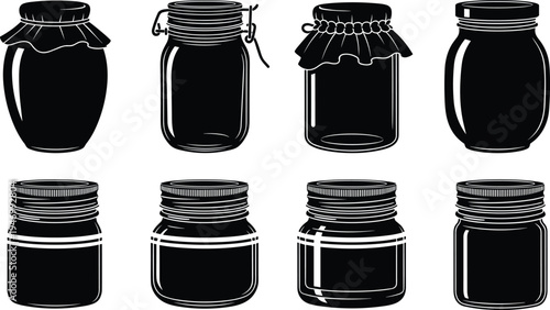 Black silhouette jars illustration set, decorative cloth covers and screw lids, food storage container vector artwork, vintage packaging design, culinary crafting elements collection