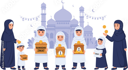 Muslim Family Donating Zakat During Ramadan with Mosque Background and Crescent Moons