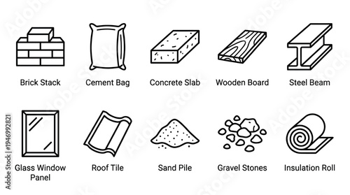 A clean set of black line icons depicting essential construction and building materials like bricks, cement, wood, and steel. Arranged neatly on a white background, it conveys simplicity.
