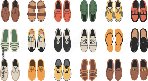 Footwear silhouette icon set, shoe collection graphics, fashion style symbols, sneaker and sandal figures, dress shoe design, flat illustration