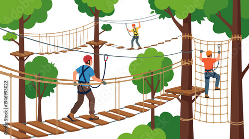A high‑rope adventure unfolds in a forest park, where men in harnesses traverse a suspended bridge and climb between trees, offering outdoor entertainment and activity, depicted as a flat vector