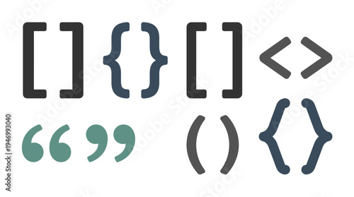 Two bracket pairs – curly, angled, and rounded braces that are symmetrical, serve as quotation marks in math, and appear as a curled typographic symbol in a flat vector illustration