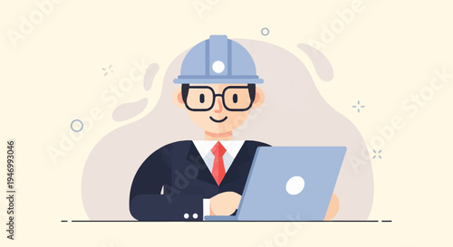 Cartoon character in hard hat and suit using laptop on desk