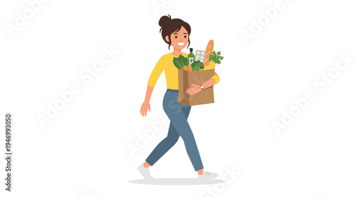 A young woman strolls with a paper shopping bag brimming with groceries, holding a bundle of vegetables, greens, and other food items, depicted as a flat vector illustration on a white background