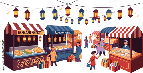 Vibrant Ramadan Market Scene with Lanterns, Gifts, and Sweet Treats During the Holy Month