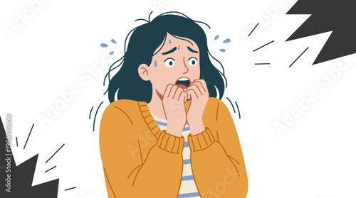 An illustration depicting fear and fright, featuring a shocked woman scared of something, a worried girl in panic and stress, and a fearful facial expression, rendered as a flat graphic vector on a
