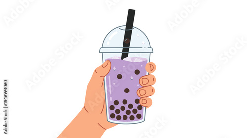 Holding a glass of Thai taro milk bubble tea with tapioca pearls, I enjoy a Taiwanese bubble tea refreshment, depicted as a flat vector illustration on a white background