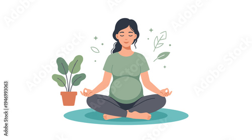 A young, tranquil expectant mother sits in a yoga posture, meditating peacefully; her relaxed belly reflects focus and balance during pregnancy, depicted as a flat vector illustration against a white