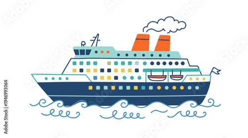 A ferry, a luxurious passenger liner or watercraft sailing across the ocean, depicted as a marine vessel in sea travel, isolated against a white background in a colorful hand‑drawn vector doodle