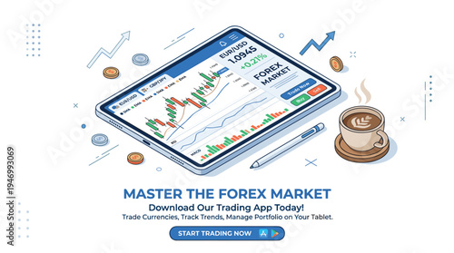 An isometric vector illustration of a web banner featuring a tablet PC displaying a foreign exchange market rate graph or Forex trading indicators, accompanied by a pen and a cup of coffee, designed
