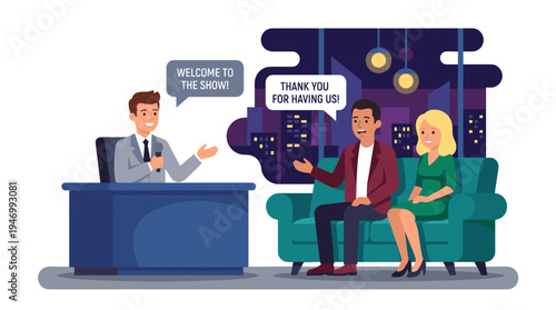 A host conducts an interview with a celebrity couple during a late-night TV program in a studio, featuring conversation and dialogue while the stars sit on a sofa, depicted in a flat vector