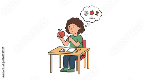A student examines an apple, observing and describing the fruit while engaging in educational concepts; a school pupil thinks and learns, portrayed as a girl in a flat vector illustration set against