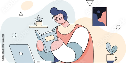 Person with glasses reading a book next to a laptop and plants