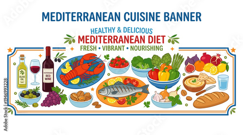 Mediterranean cuisine and dietary background showcased with seafood, vegetables, fruits, snacks, wine, fish, and lobster on a gourmet banner, highlighting healthy and delicious Italian and Spanish