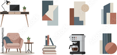 Flat lay of minimalist home decor items desk, armchair, books, coffee maker