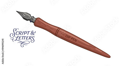 A dip pen featuring a metal nib, an antique instrument for calligraphy and handwriting, presented as a retro writing supply, classic stationery accessory, with a flat vector illustration set against