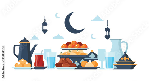 Ramadan Iftar Food Set Flat Vector Illustration