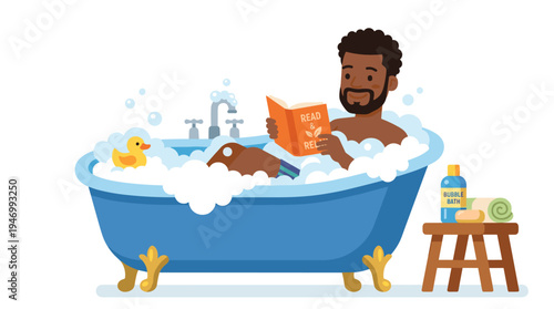 A cartoon illustration shows a bearded African American man in a bathtub filled with soap foam, reading a book against a white backdrop