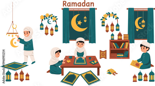Illustration of Children Celebrating Ramadan with Lanterns, Moon, and Quran during Holy Month