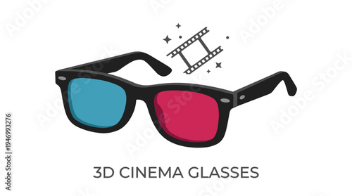 Illustration of 3D glasses in vector style, depicting a modern way to watch three‑dimensional films, featuring contemporary frames with blue and red lenses as a color design element, shown on a clean