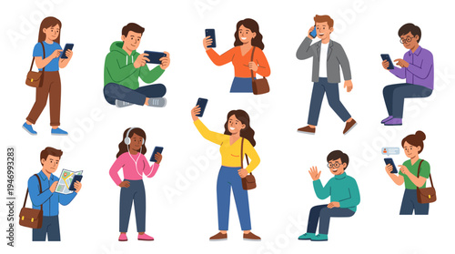 A collection of people holding mobile phones, browsing the internet, playing games, taking photos, chatting, calling, and texting, depicted as flat vector illustrations against a white background
