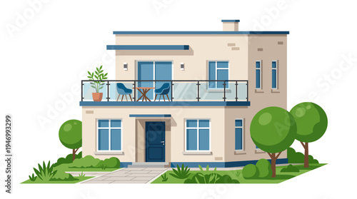 A two-story residential building with a terrace, showcasing its exterior and mansion-like facade, featuring an outdoor view, presented as a flat vector illustration on a white background