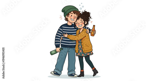 A tipsy couple embraces, featuring a young girl and a boy holding bottles, rendered in a vibrant cartoon illustration