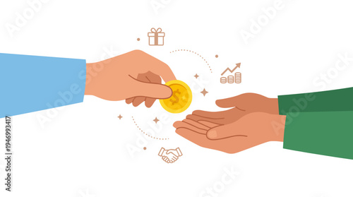 A gold coin held in the fingers, with hands exchanging bonuses, change, financial aid, gifts, and support, illustrating the concept of savings and earnings in a flat vector image set against a white