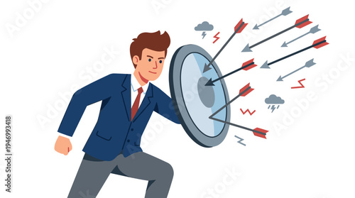 A businessman shields himself from an arrow assault while confronting challenges and managing risks, embodying protection and security in a flat vector illustration set against a white background